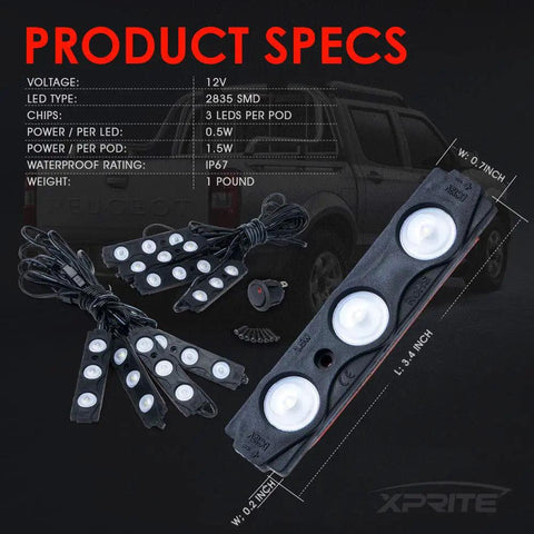 White Truck Bed Light Kit With 24 LEDs, 8 Pod Cargo Rock Lighting Kit, specs showing voltage, LED type, IP67 rating