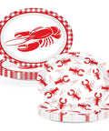 Rad Lobster Themed Oval Paper Plates 12 By 10 Inch 50 Pack Disposable Seafood Boil Dishes with lobster designs.