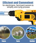 EZ Twist Ties Drill Chuck Tool For Chain Link Fence attached to a 3/8-inch drill with examples of fence, farm, and garden use.