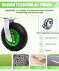 Eight Inch Pneumatic Caster Wheels Set Of Four Dual Ball Bearing Heavy Duty Shock Absorbing Air Tires For Farm Wagon showing tire and mount.