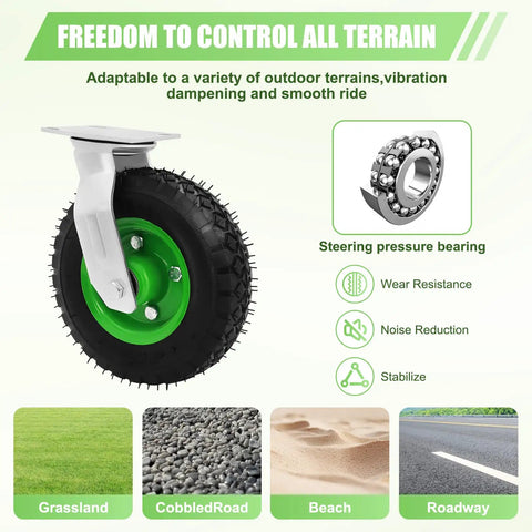 Eight Inch Pneumatic Caster Wheels Set Of Four Dual Ball Bearing Heavy Duty Shock Absorbing Air Tires For Farm Wagon showing tire and mount.