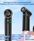 Rechargeable Electric Air Duster with 110000 RPM brushless motor and 50m/s wind speed for versatile cleaning shown with icons.