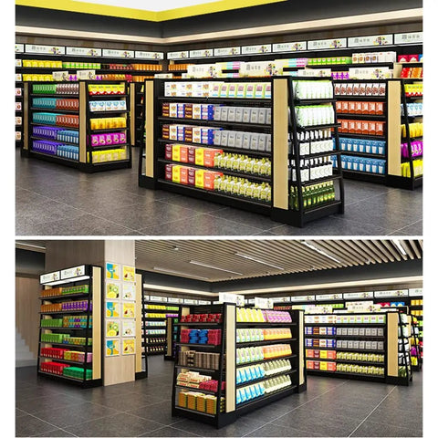 Heavy Duty 4 Tier Metal Shelving With Fully Adjustable Height For Garage And Kitchen Organization Black Steel Storage Racks in a store aisle filled with colorful packaged goods.