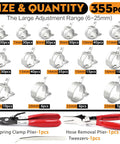 355-Piece Spring Band Hose Clamp Kit in 15 Sizes Ranging 6 to 25mm, Carbon Steel Construction, includes pliers and tweezers.