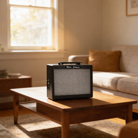 MD 20 Mini Deluxe Guitar Amp Bundle With Power Supply, Instrument Cable, Picks And Road Ready Portable Practice Amp in living room