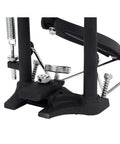 Single Bass Drum Pedal With Radius Rod Base Bearing Spring Rocker Assembly Delta Ball Bearing Hinge Dual Adjustable Toe Clamp And Three Drive Systems Including Accelerator Cam And Turbo Cam For Pro Drummers close-up of base and spring
