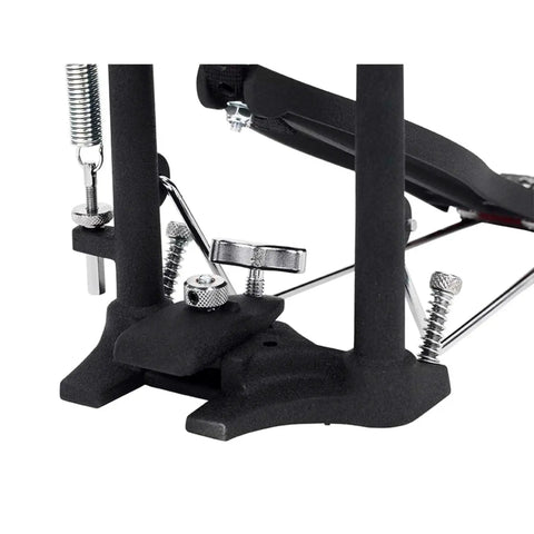 Single Bass Drum Pedal With Radius Rod Base Bearing Spring Rocker Assembly Delta Ball Bearing Hinge Dual Adjustable Toe Clamp And Three Drive Systems Including Accelerator Cam And Turbo Cam For Pro Drummers close-up of base and spring