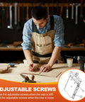 Heavy Duty Adjustable Woodworking Vise For Custom Workbenches Up To 23 Inches Thick with adjustable screws and craftsman at work.