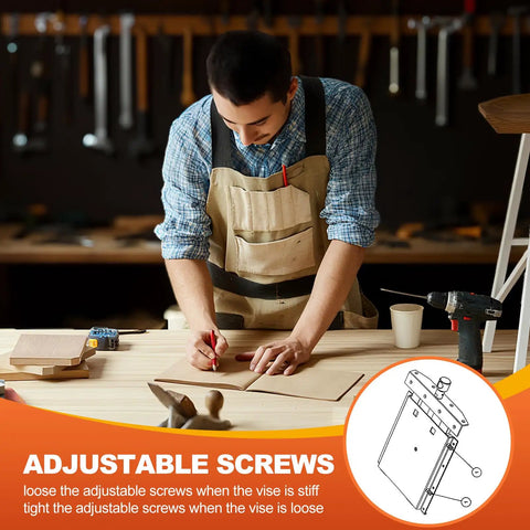 Heavy Duty Adjustable Woodworking Vise For Custom Workbenches Up To 23 Inches Thick with adjustable screws and craftsman at work.
