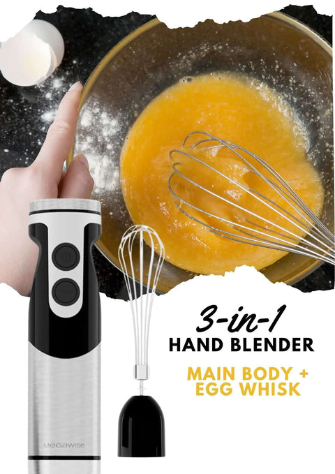 Killer Performance 400W Hand Blender With Versatile 3-In-1 Set Featuring Blending Shaft Whisk And Chopper Ergonomic Handle Adjustable Speed Control Effortless Mixing For Soups Smoothies And More Quick Rinse Design Black shown in action mixing batter.