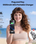 Woman holding Mini Portable Charger For iPhone 17 16 15 Series And Android 5500mAh PD Fast Charging USB-C Power Bank at beach