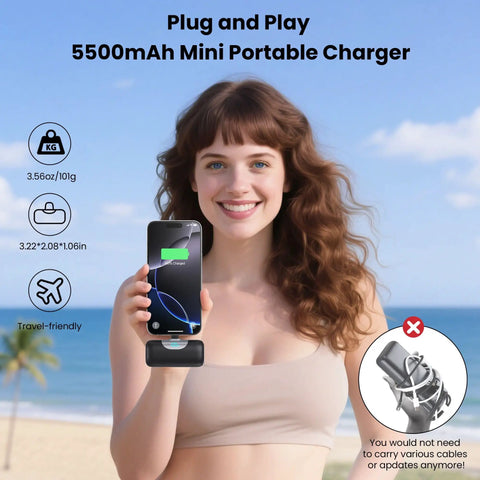Woman holding Mini Portable Charger For iPhone 17 16 15 Series And Android 5500mAh PD Fast Charging USB-C Power Bank at beach