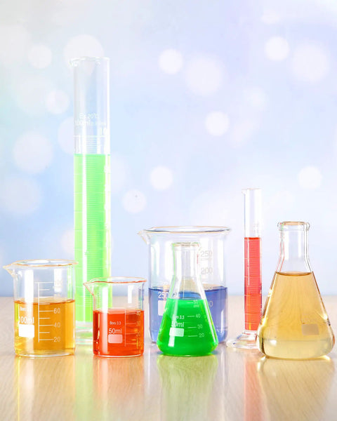 18 Piece All In One Hands On Lab Glassware Set with colored liquids in beakers and flasks, ideal for DIY science projects