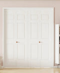 Top Tier 60X80 Bifold Closet Doors Raised Textured Six Panel Face White Primed Lightweight Hollow Core full hardware set in interior.