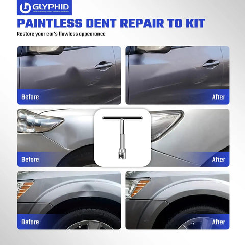 Paintless Car Dent Repair Kit With Portable Dent Puller Tools 28 Piece Dent Removal Set For Car Doors Hail Damage And Refrigerator Dents No Drilling Safe On Paint Easy DIY Body Fix before and after car door dent repair