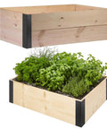 Heavy Duty Steel Corner Brackets For Raised Garden Beds With All Included Screws Built Like A Tank Fits 20 To 24 Inch Planters No Sweat Assembly Rust Proof Hardware visible on wooden planter frame with herbs.