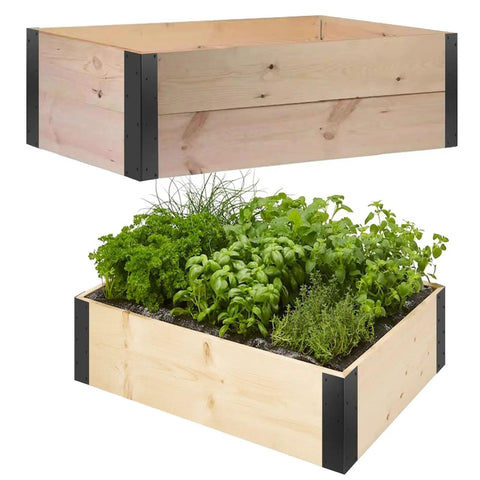 Heavy Duty Steel Corner Brackets For Raised Garden Beds With All Included Screws Built Like A Tank Fits 20 To 24 Inch Planters No Sweat Assembly Rust Proof Hardware visible on wooden planter frame with herbs.