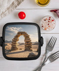 Double Layer Stackable Bento Lunch Box with Spoon Divider, showing desert scene, for Work Office Picnics and Camping 450ml Top 550ml Bottom