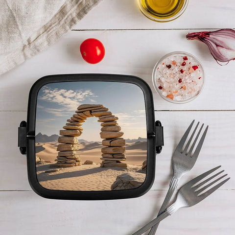 Double Layer Stackable Bento Lunch Box with Spoon Divider, showing desert scene, for Work Office Picnics and Camping 450ml Top 550ml Bottom