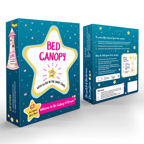 Glow In The Dark Stars Canopy Bed For Girls With Galaxy Lights And Princess Net Tent, product packaging with star design