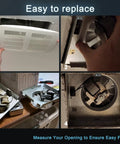 Installation guide for Upgrade Pure Copper Motor B Unit 50CFM Bathroom Exhaust Fan Replacement showing four steps