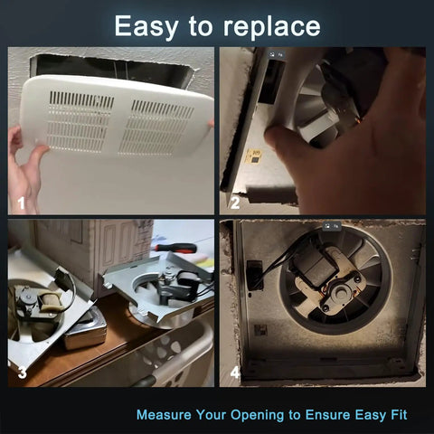 Installation guide for Upgrade Pure Copper Motor B Unit 50CFM Bathroom Exhaust Fan Replacement showing four steps