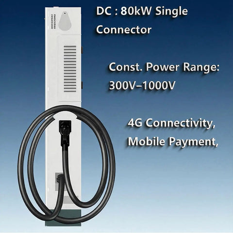 Outdoor Industrial-Grade 80kW DC Fast Charger With CCS1, floor-standing EV charger, shown with 300V-1000V power range and cable
