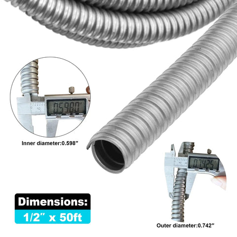 Close-up of half inch flexible electrical conduit fifty foot galvanized iron for home and industrial wiring, showing inner and outer diameters.