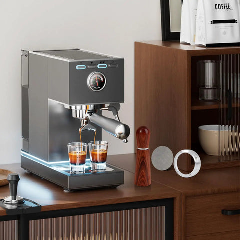 51mm Espresso Accessories Kit With WDT Tool Dosing Funnel Puck Screen Set shown with espresso machine and glasses