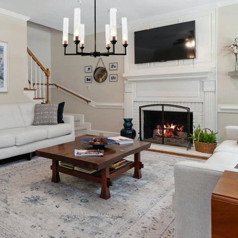 Living room with 6 Light Modern Farmhouse Chandelier Pendant Lighting With Clear Glass Shades In Industrial Black Finish
