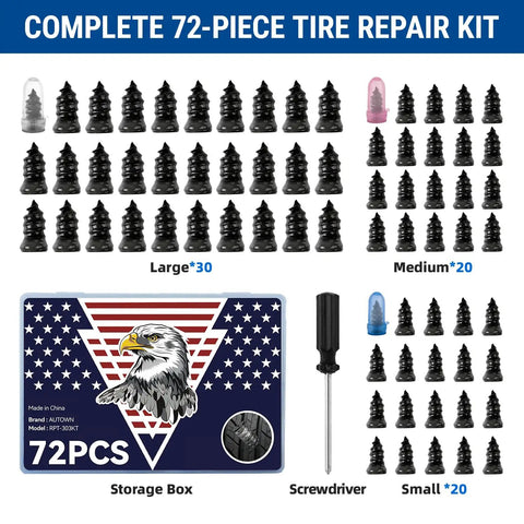 72 Piece Tire Repair Kit With Rubber Nails In Three Sizes, Storage Box And Screwdriver For Cars, Trucks, Motorcycles And More