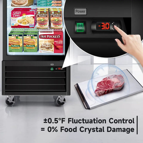Built Tough 16 Cu Ft Commercial Upright Display Freezer Merchandiser With Glass Doors showing food storage features and temperature control.