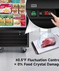 16 Cubic Feet Commercial Upright Display Freezer With Single Glass Door ETL Certified showing adjustable temperature control and frozen food.