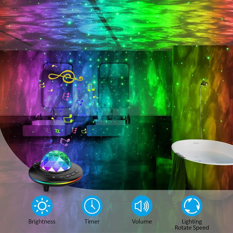 Star Projector Galaxy Night Light with Ocean Wave LED Lamp in bathroom, color-changing music speaker effect, remote control visible