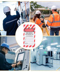 Collage of industrial workers and equipment with Industrial Safety Lockout Tags With Hanging Labels Kit for safety compliance
