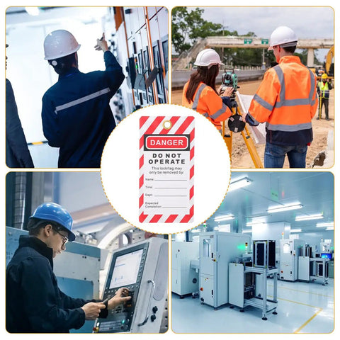 Collage of industrial workers and equipment with Industrial Safety Lockout Tags With Hanging Labels Kit for safety compliance