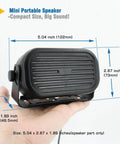 Ultra Loud Mini Car External Speaker For CB Ham And Scanners held in hand with dimensions labeled 5.04x2.87x1.89 inches