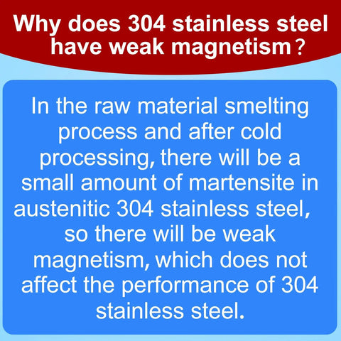 Explanation of weak magnetism in 304 stainless steel, detailing smelting and cold processing effects.
