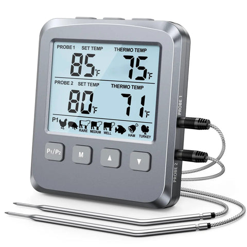 Dual Probe Digital Meat Thermometer For Cooking, Grilling, And Smoking With Large Backlit LCD And Alarm, dual metal probes visible