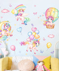 Whimsical Rainbow Unicorn Wall Decals Set with balloons, moon, clouds, stars for nursery, girls bedroom, kids room, thick vinyl art