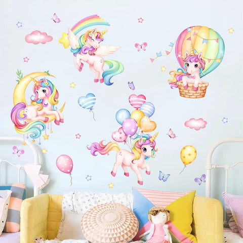 Whimsical Rainbow Unicorn Wall Decals Set with balloons, moon, clouds, stars for nursery, girls bedroom, kids room, thick vinyl art