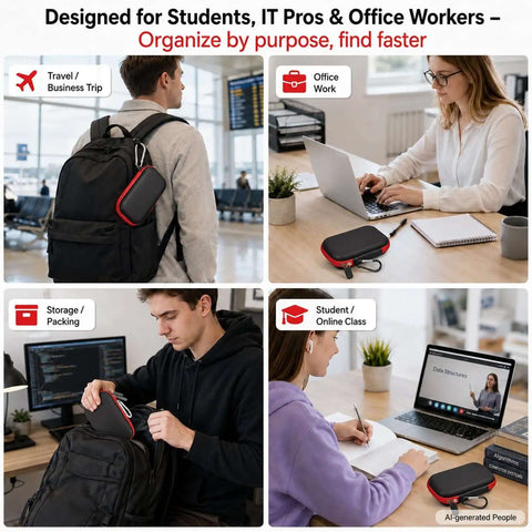 Rock Solid USB Stick Case And Thumb Drive Holder Clutch Tech Storage Pouch in black and red, fits in backpack for travel.