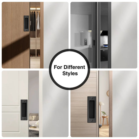 6 Inch Flush Pull Sliding Barn Door Handle Set For Closet Pocket And Cabinet Doors in use on different door styles