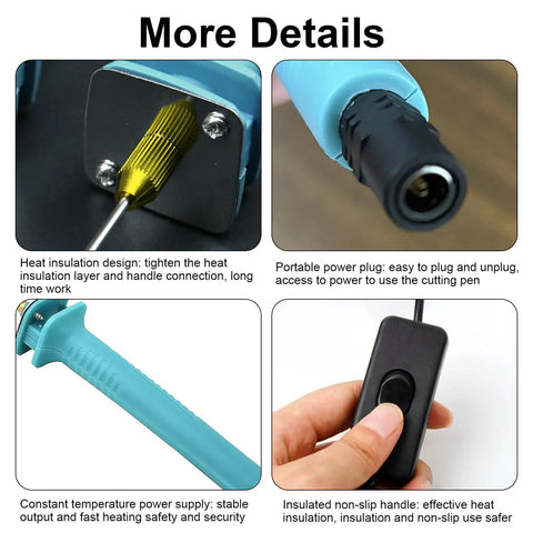 Close-up of a 30W Foam Cutter Pen Kit With 15cm Hot Wire Power Adapter featuring power plug, heat insulation, and handheld switch for comfort.