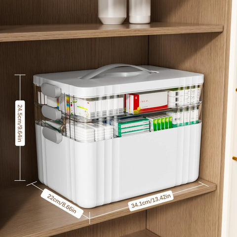 ARSTPEOE white 3-tier medicine organizer with plastic handle and clear sides.