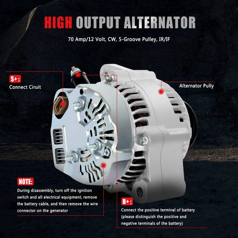 Beefed Up High Output 70 Amp 12 Volt Alternator Direct Fit For Toyota 4Runner 1996 To 1999 Tacoma 1997 To 1999 And T100 1997 To 1998 Replacement Part With OE Numbers 1012110520 1012110521 1012110522 1012114120 1012114121 For Reliable Power On The Trail side view with labels