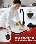 Woman using faucet with 2.5 Gallon 120 Volt Mini Tank Water Heater for under sink and RV use in compact bathroom setting