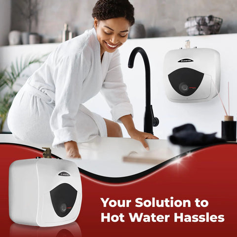 Woman using faucet with 2.5 Gallon 120 Volt Mini Tank Water Heater for under sink and RV use in compact bathroom setting