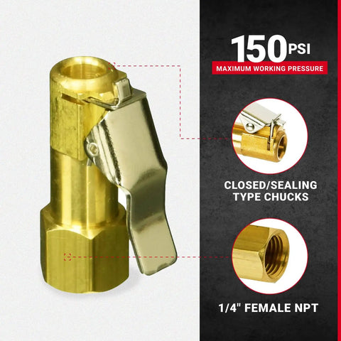 Euro Style 1/4 Inch FNPT Air Chuck With Easy-On Clip, Closed Sealing Type For Hands-Free Tire Inflation No Gauge Durable Valve Connector For Air Hoses