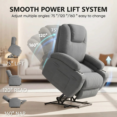 Power Lift Chair Massage Recliner For Seniors With Ergonomic Support Remote Control Built In Cup Holders And Side Pockets Easy Sit To Stand Lift Adjustable Recline Gray in various recline positions